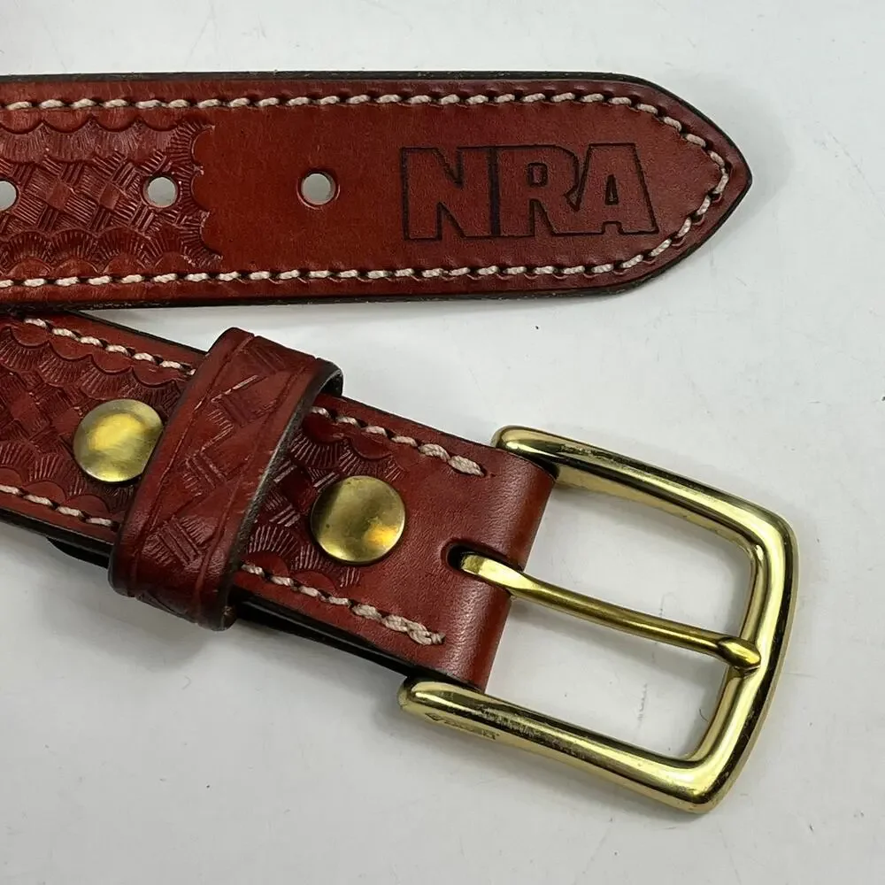 NRA RKBA Right To Keep And Bear Arms Brown Leather Belt Sz46 Brass USA Western